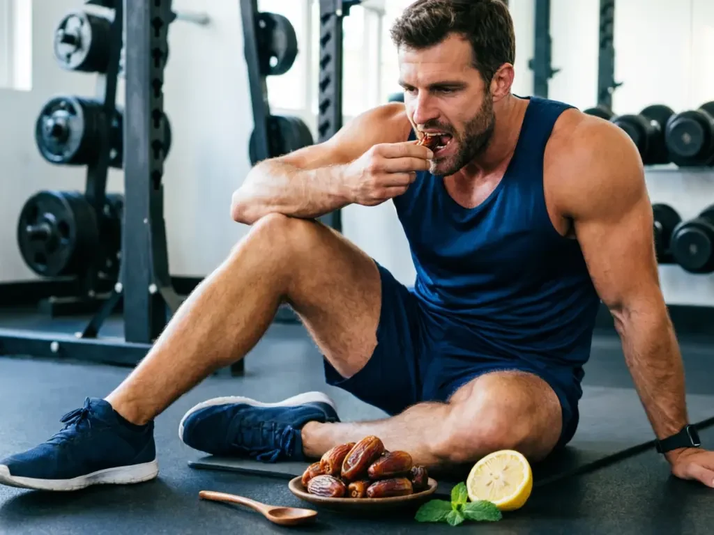 A muscular man eating Medjool dates as a natural pre-workout snack in the gym for energy.
