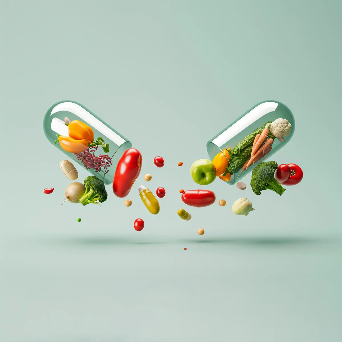 Premium organic health and nutrition ingredients leaking from a supplement capsule.