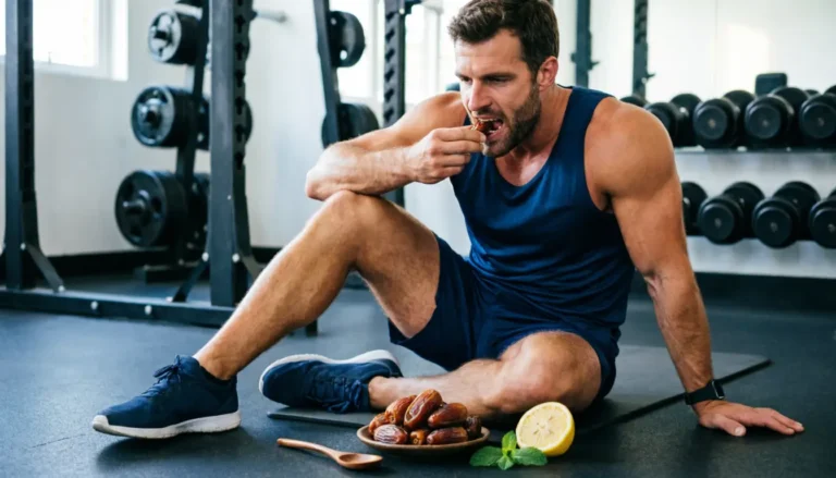 A fit athlete sitting in a gym, eating a premium date from a wooden plate as a natural, energy-boosting pre-workout snack.